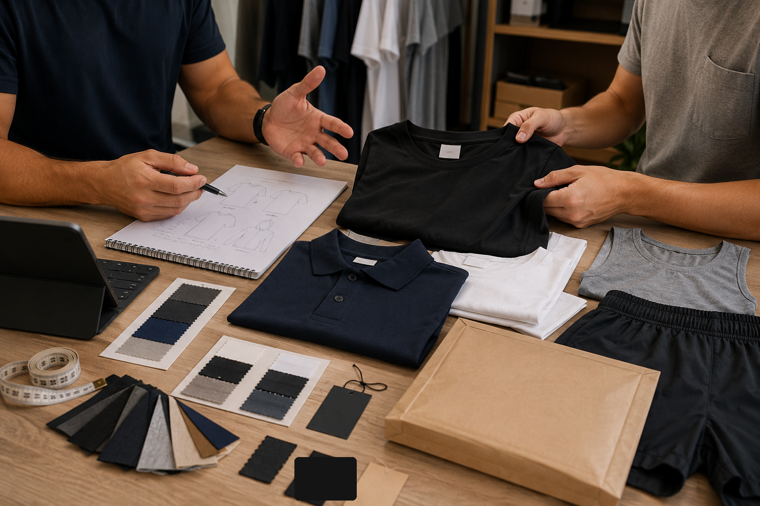 Equipe avaliando modelos, tecidos e amostras para produção