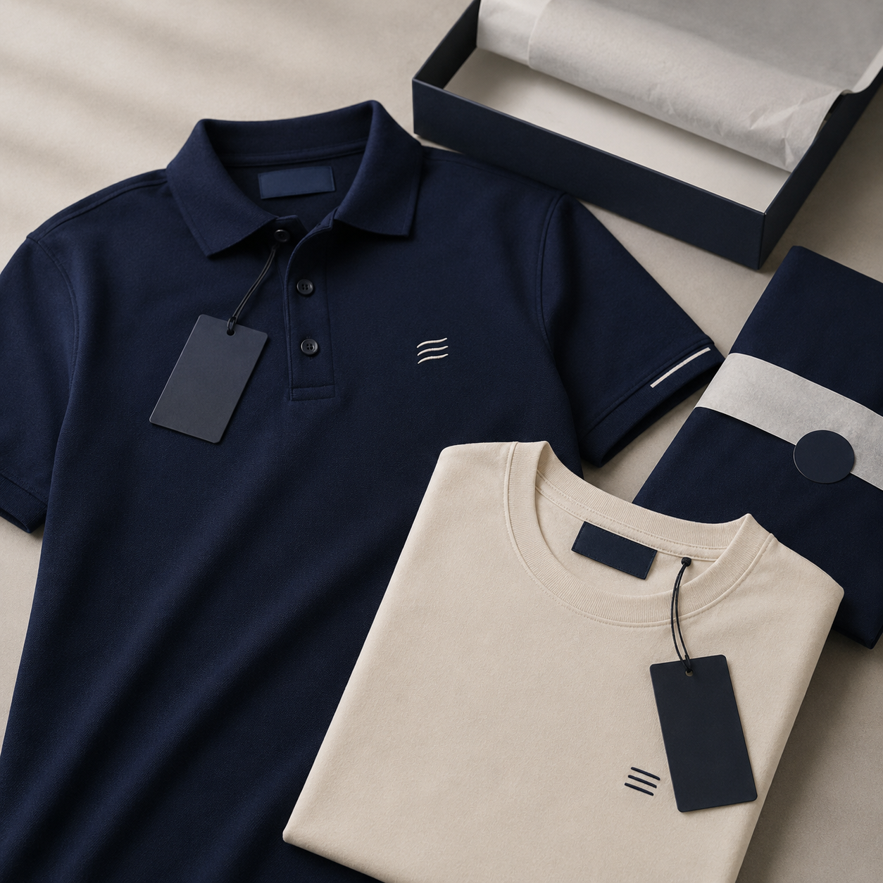 Camisetas e polos com etiquetas, tags e embalagem para marca própria